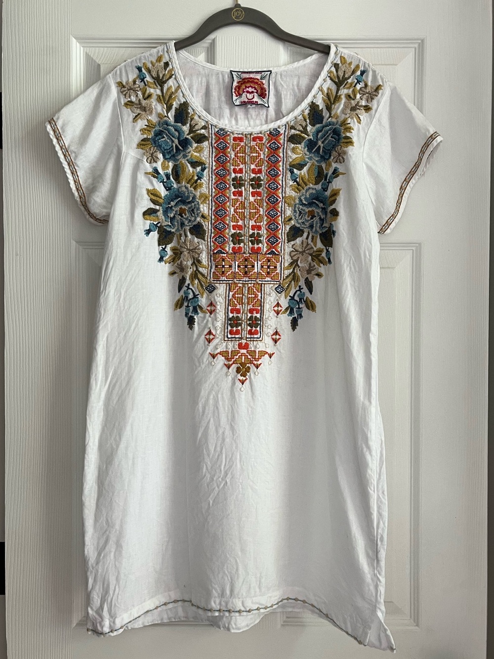Johnny Was 100% Linen Embroidered Scoop Neck Floral Resortwear Dress Sz Small